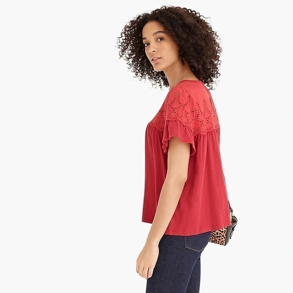 J crew flutter sleeve ruffle Eyelet lace top in vintage red cotton size small